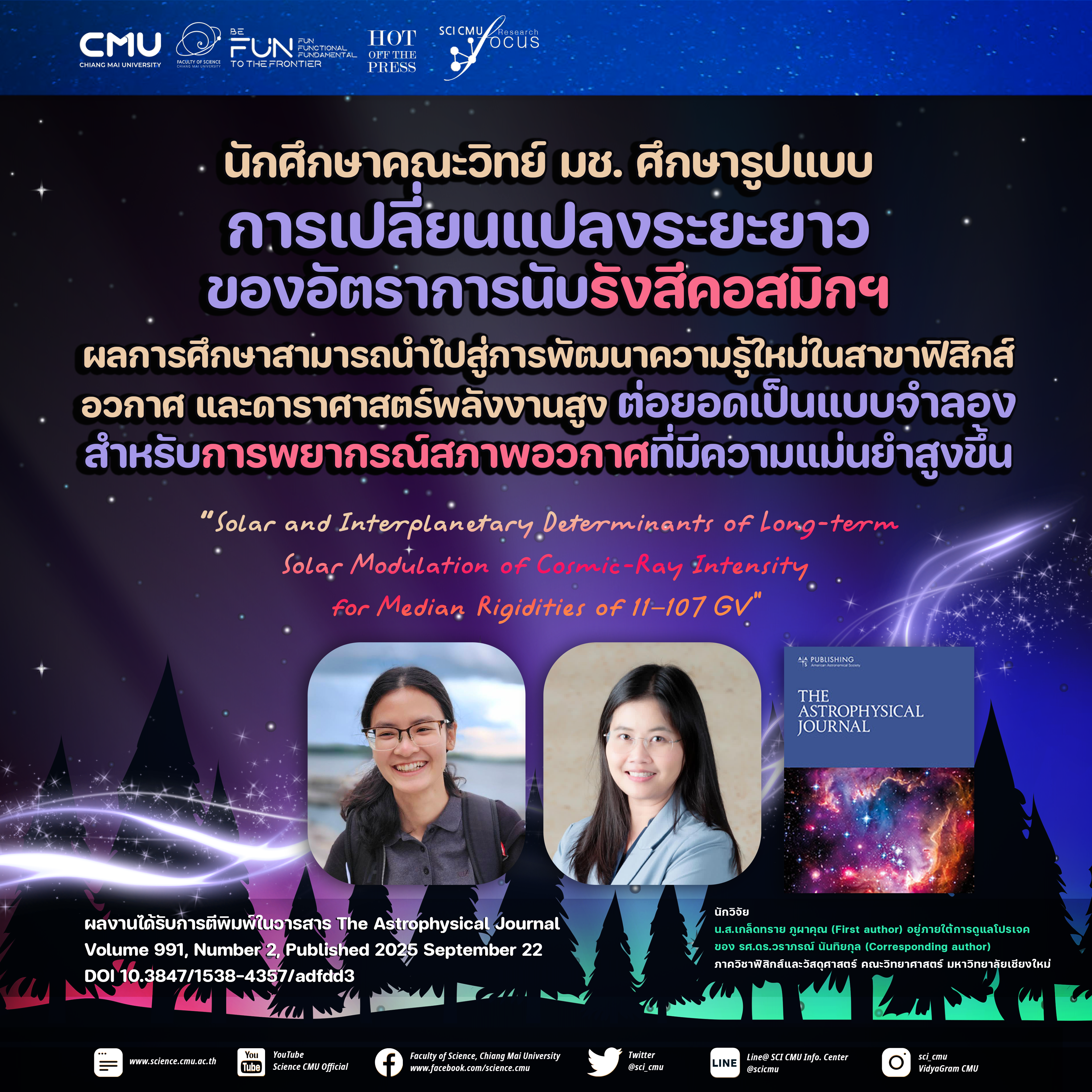 นักศึกษาคณะวิทย์ มช. ศึกษารูปแบบการเปลี่ยนแปลงระยะยาวของอัตราการนับรังสีคอสมิกฯ เพื่อนำไปสู่การพัฒนาความรู้ใหม่ในสาขาฟิสิกส์อวกาศและดาราศาสตร์พลังงานสูง