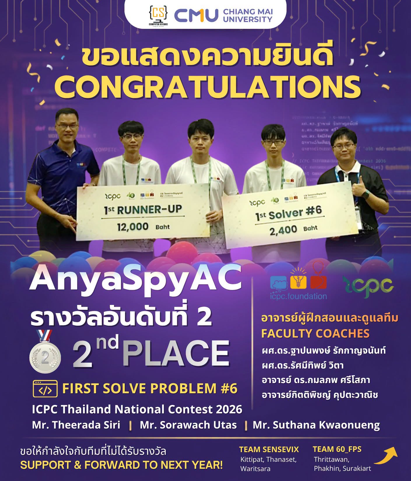 ขอแสดงความยินดีกับทีม นศ. คณะวิทย์ ที่สามารถคว้าอันดับ 2 พร้อมรางวัล First Solve จากการแข่งขันเขียนโปรแกรมระดับประเทศ ICPC Thailand National Contest 2026